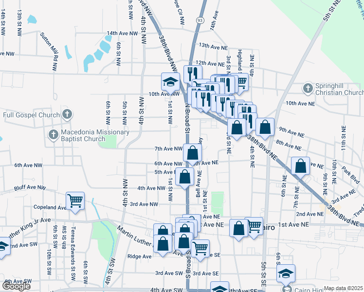 map of restaurants, bars, coffee shops, grocery stores, and more near 703 North Broad Street in Cairo
