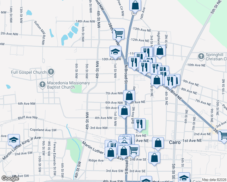 map of restaurants, bars, coffee shops, grocery stores, and more near 100 7th Avenue Northwest in Cairo
