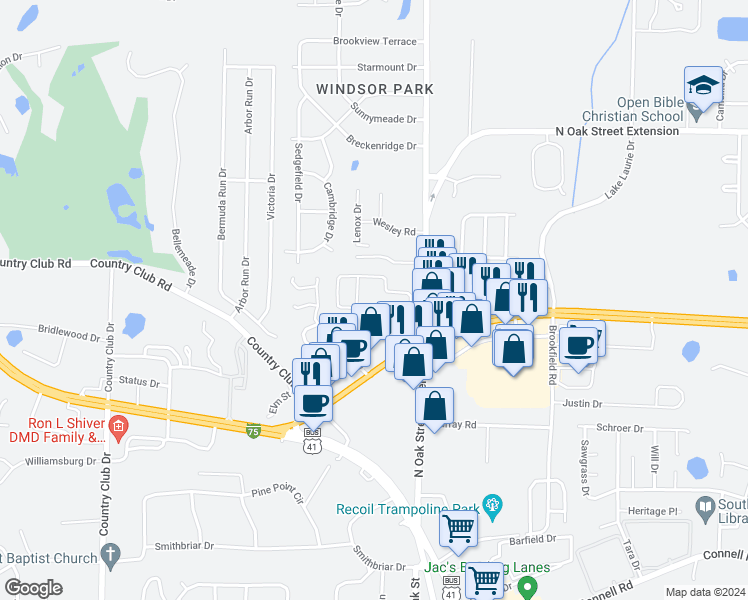 map of restaurants, bars, coffee shops, grocery stores, and more near 210 Jennifer Circle in Valdosta