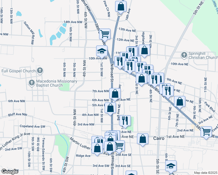 map of restaurants, bars, coffee shops, grocery stores, and more near 703 North Broad Street in Cairo