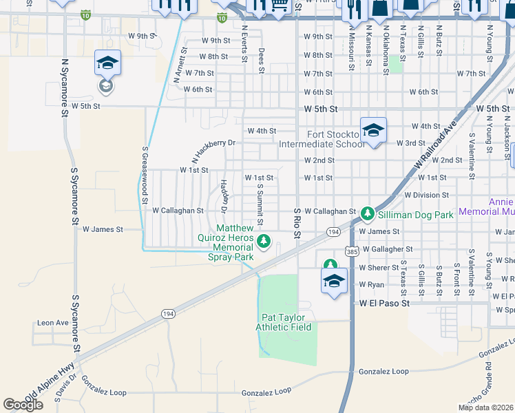 map of restaurants, bars, coffee shops, grocery stores, and more near 1701 West Callaghan Street in Fort Stockton