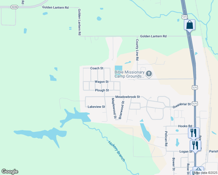 map of restaurants, bars, coffee shops, grocery stores, and more near 2104 Peach Street in DeRidder