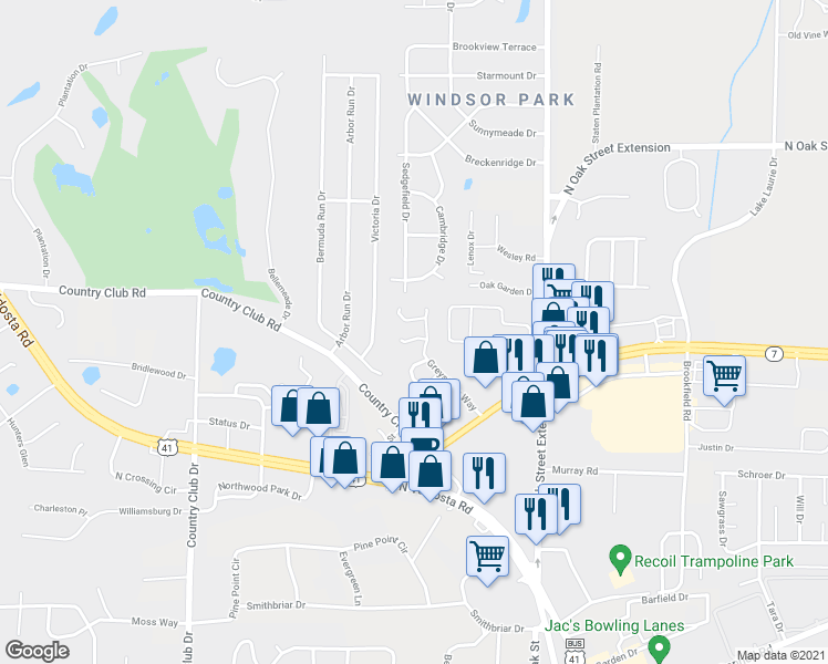map of restaurants, bars, coffee shops, grocery stores, and more near 3408 Drayton Circle in Valdosta
