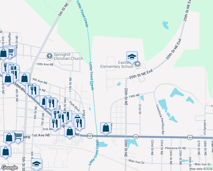 map of restaurants, bars, coffee shops, grocery stores, and more near 405 Bay Tree Road Northeast in Cairo