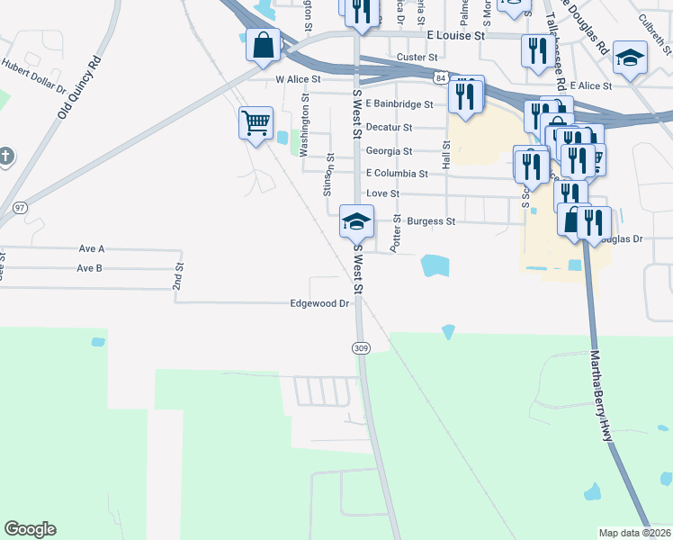 map of restaurants, bars, coffee shops, grocery stores, and more near 105 Adams Drive in Bainbridge