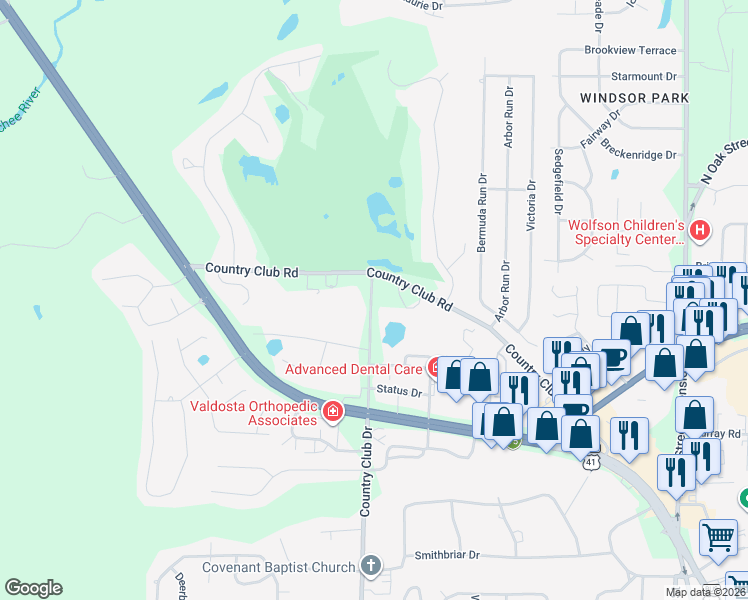 map of restaurants, bars, coffee shops, grocery stores, and more near 3210 Country Club Road in Valdosta
