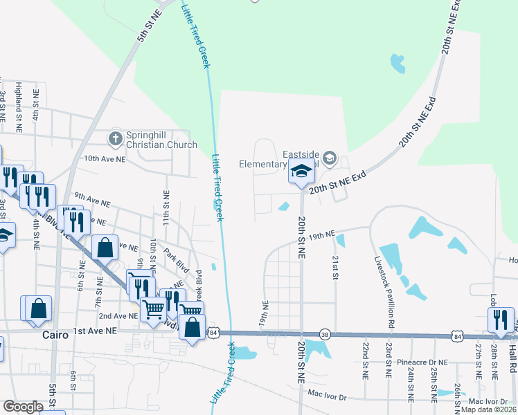 map of restaurants, bars, coffee shops, grocery stores, and more near 405 Bay Tree Road Northeast in Cairo