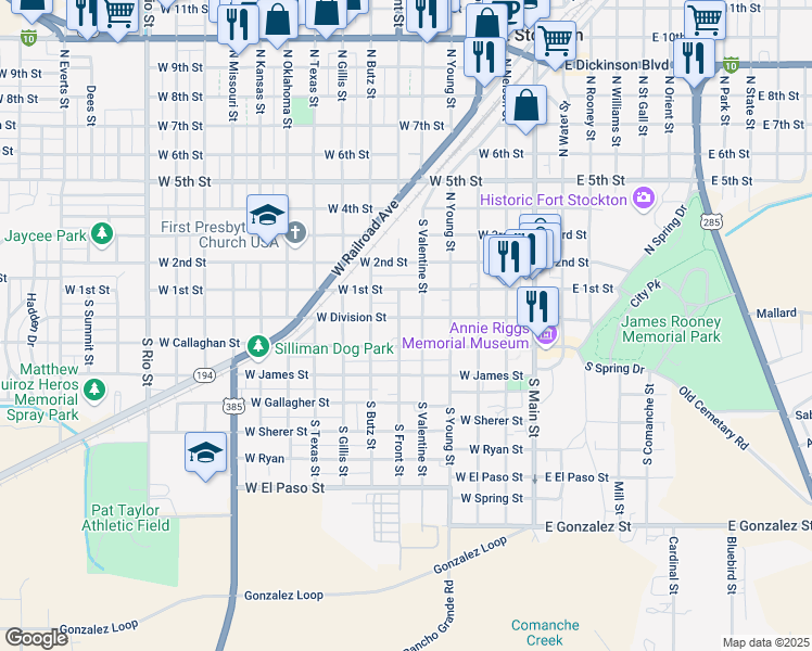 map of restaurants, bars, coffee shops, grocery stores, and more near 600-698 West Callaghan Street in Fort Stockton