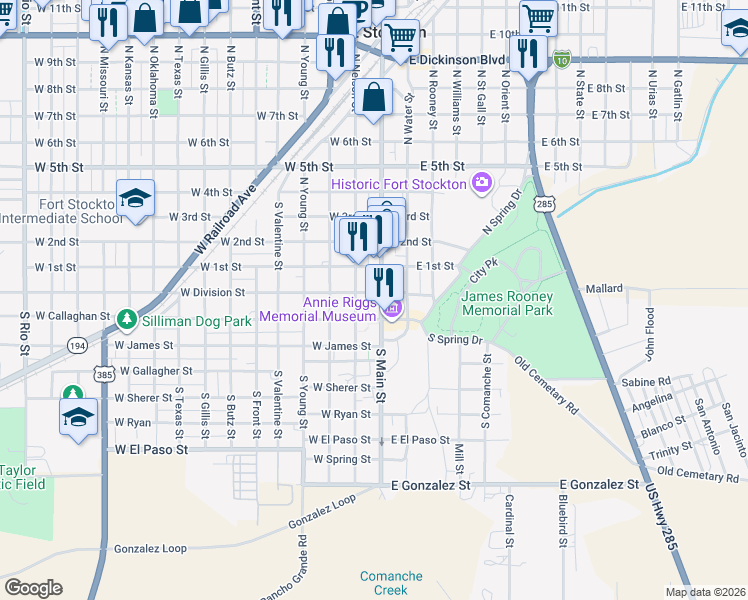 map of restaurants, bars, coffee shops, grocery stores, and more near 101 West Division Street in Fort Stockton