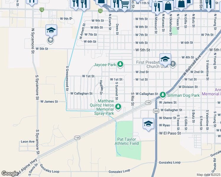 map of restaurants, bars, coffee shops, grocery stores, and more near 1709 West Division Street in Fort Stockton