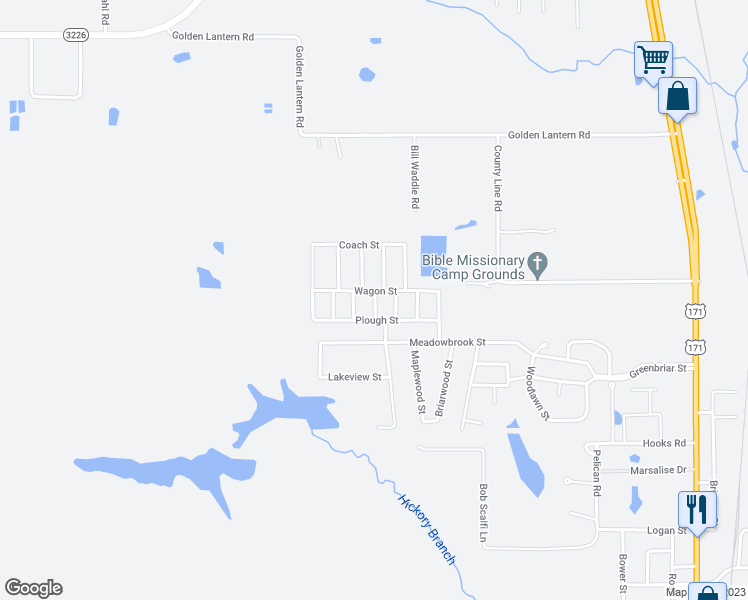 map of restaurants, bars, coffee shops, grocery stores, and more near 2107 Pear Street in DeRidder