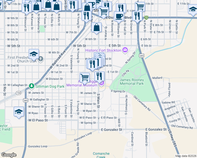 map of restaurants, bars, coffee shops, grocery stores, and more near 101 West Division Street in Fort Stockton