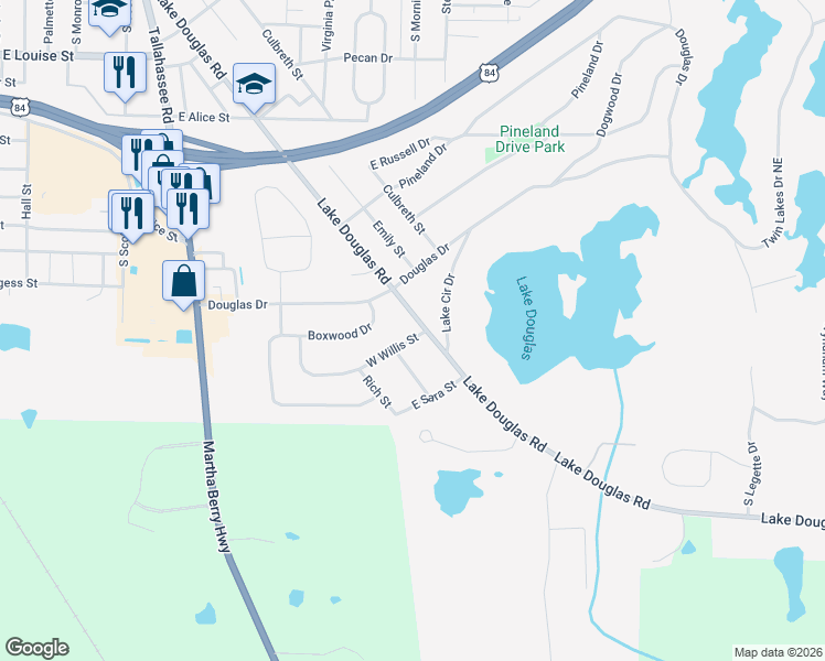 map of restaurants, bars, coffee shops, grocery stores, and more near 1803 Lake Douglas Road in Bainbridge
