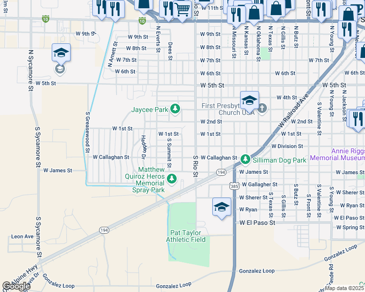 map of restaurants, bars, coffee shops, grocery stores, and more near 199 Rollins St in Fort Stockton