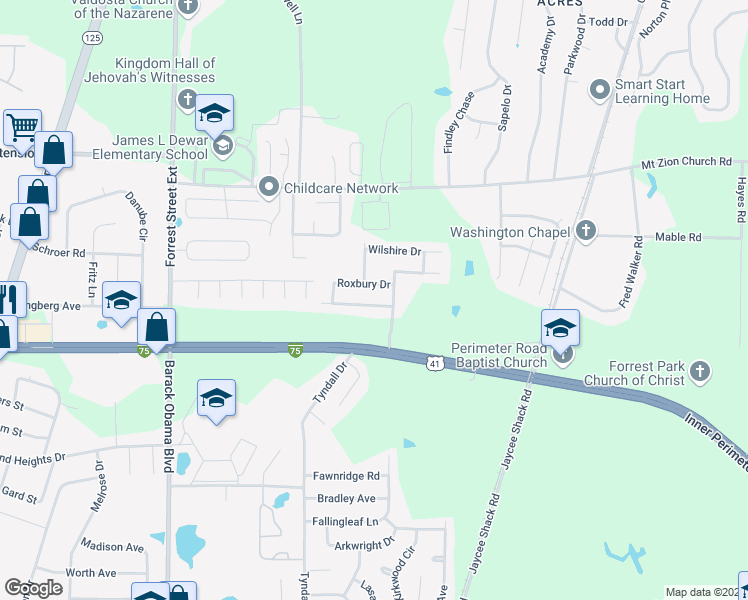 map of restaurants, bars, coffee shops, grocery stores, and more near 4110 Sedgwyck Lane in Valdosta
