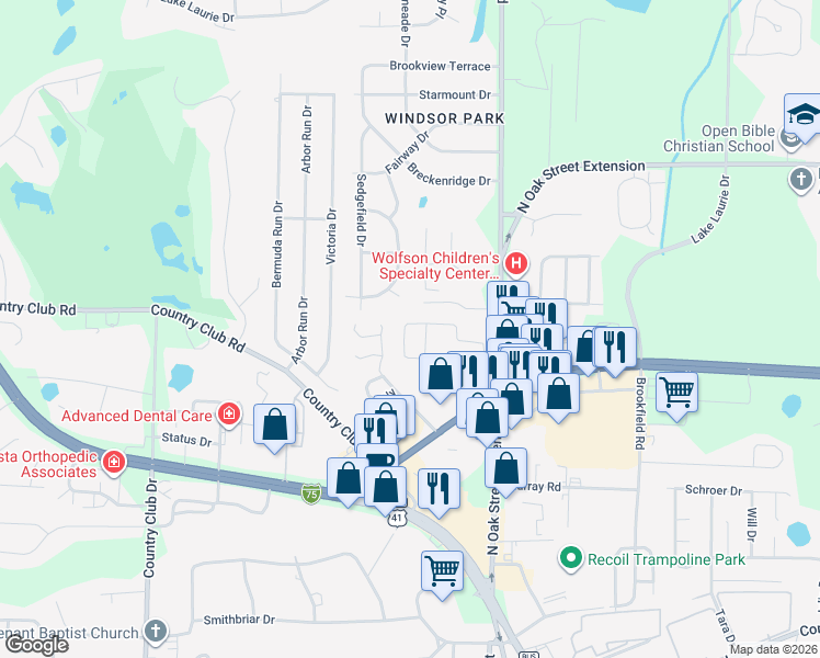 map of restaurants, bars, coffee shops, grocery stores, and more near 308 Jennifer Circle in Valdosta