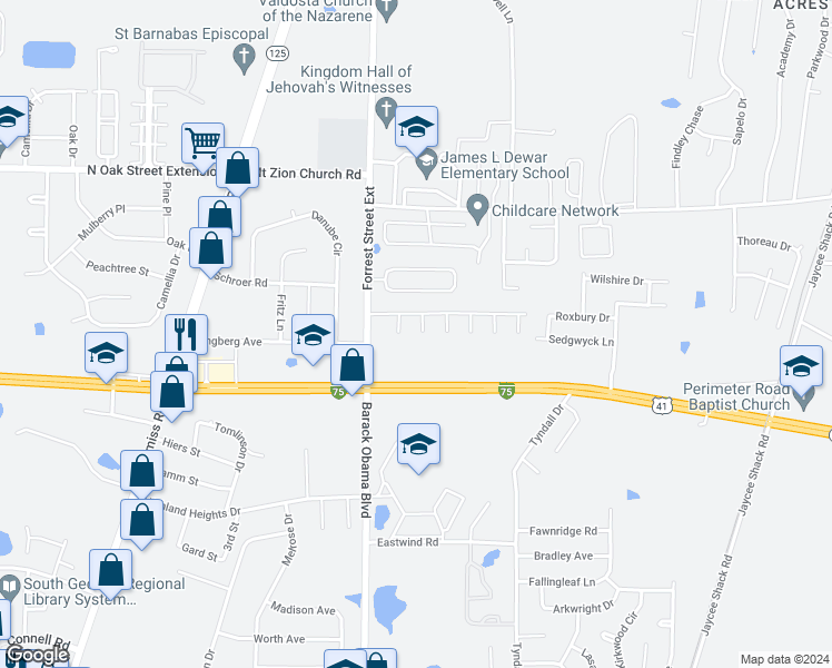 map of restaurants, bars, coffee shops, grocery stores, and more near 4108 Rein Way in Valdosta