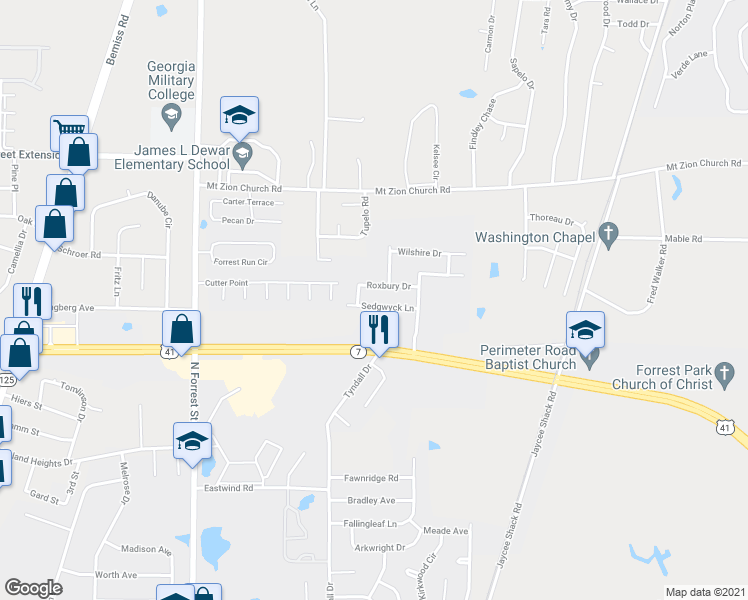 map of restaurants, bars, coffee shops, grocery stores, and more near 4126 Sedgwyck Lane in Valdosta