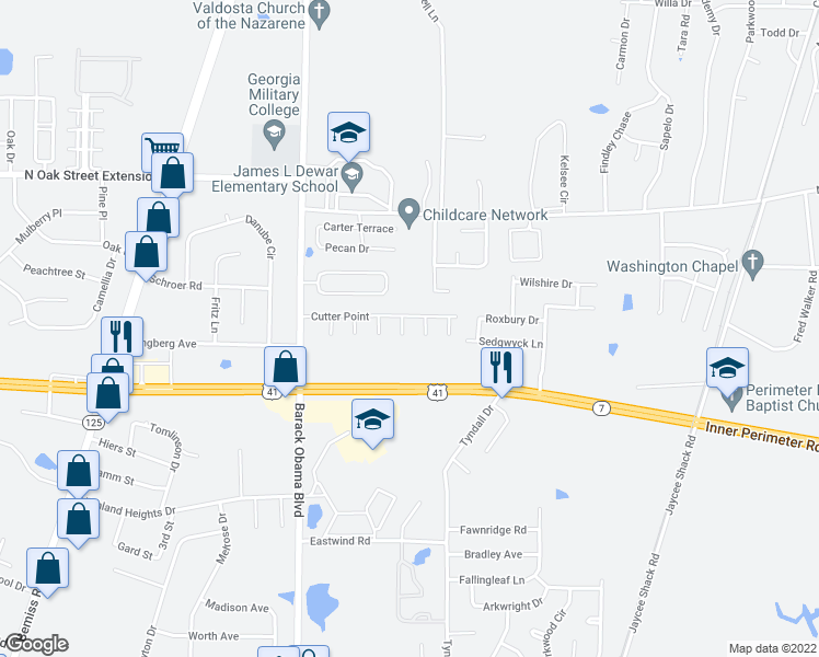 map of restaurants, bars, coffee shops, grocery stores, and more near 4305 Mane Trail in Valdosta