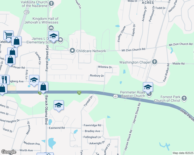 map of restaurants, bars, coffee shops, grocery stores, and more near 4217 Roxbury Drive in Valdosta