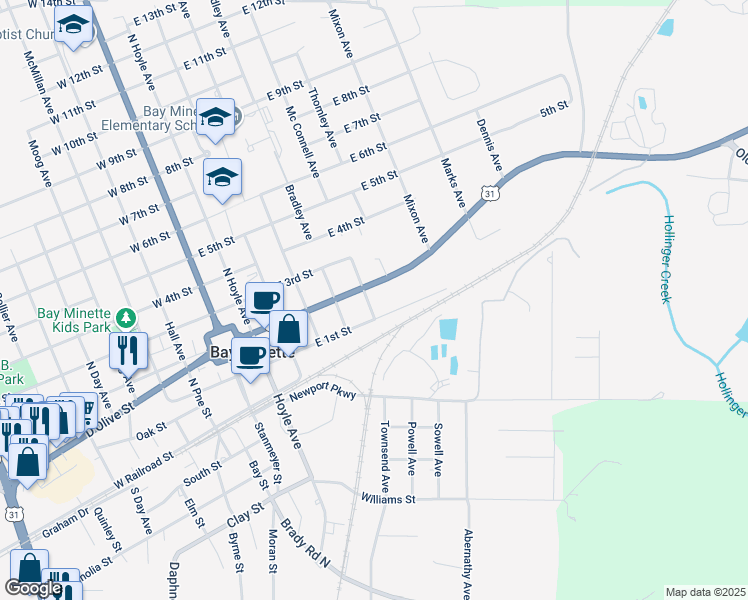map of restaurants, bars, coffee shops, grocery stores, and more near 110 Mc Connell Avenue in Bay Minette