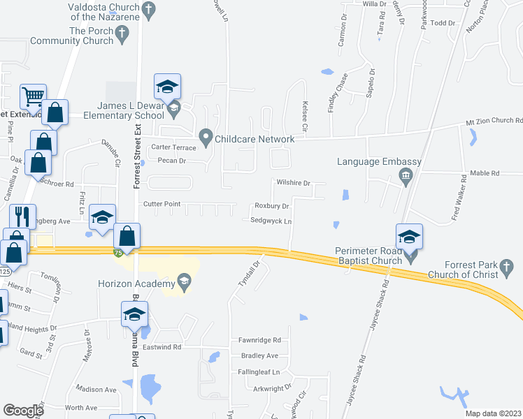 map of restaurants, bars, coffee shops, grocery stores, and more near 4227 Roxbury Drive in Valdosta