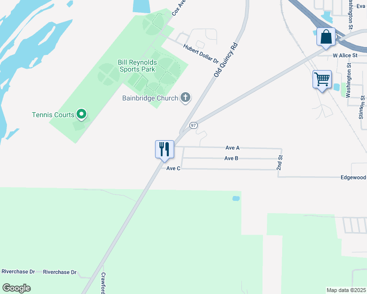 map of restaurants, bars, coffee shops, grocery stores, and more near Faceville Road in Bainbridge