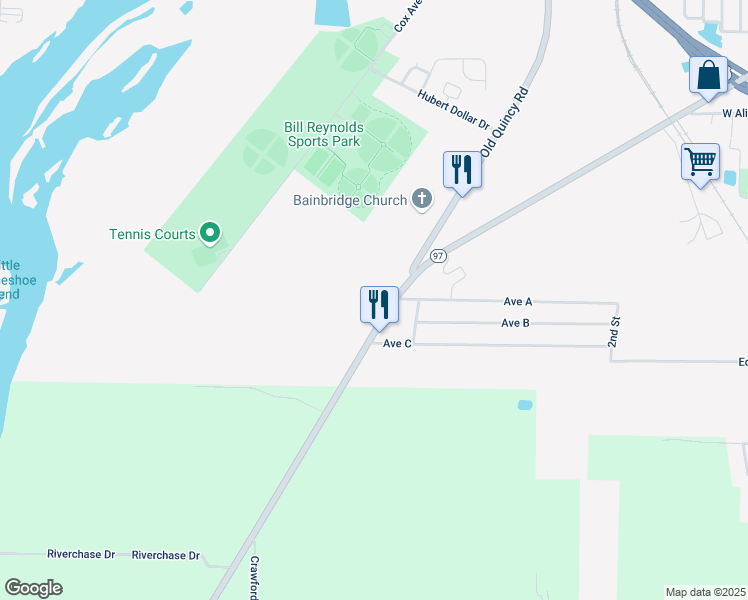 map of restaurants, bars, coffee shops, grocery stores, and more near 455 Faceville Landing Road in Bainbridge