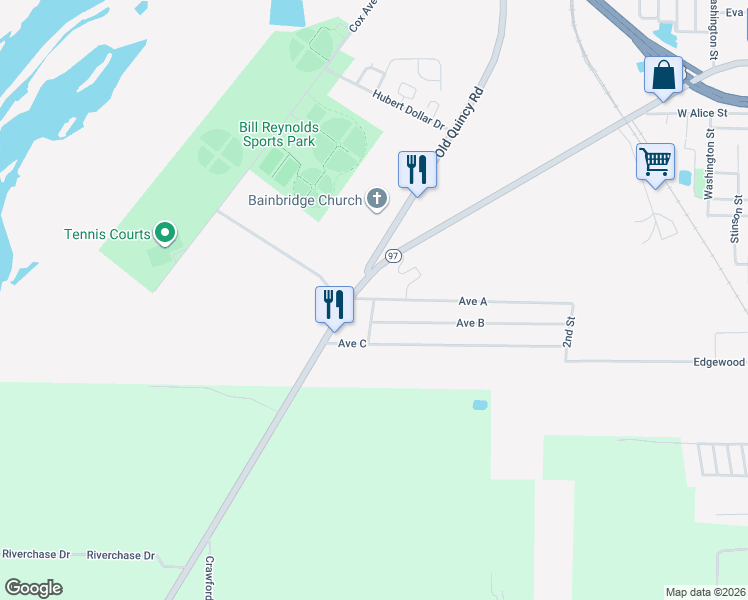 map of restaurants, bars, coffee shops, grocery stores, and more near Faceville Road in Bainbridge