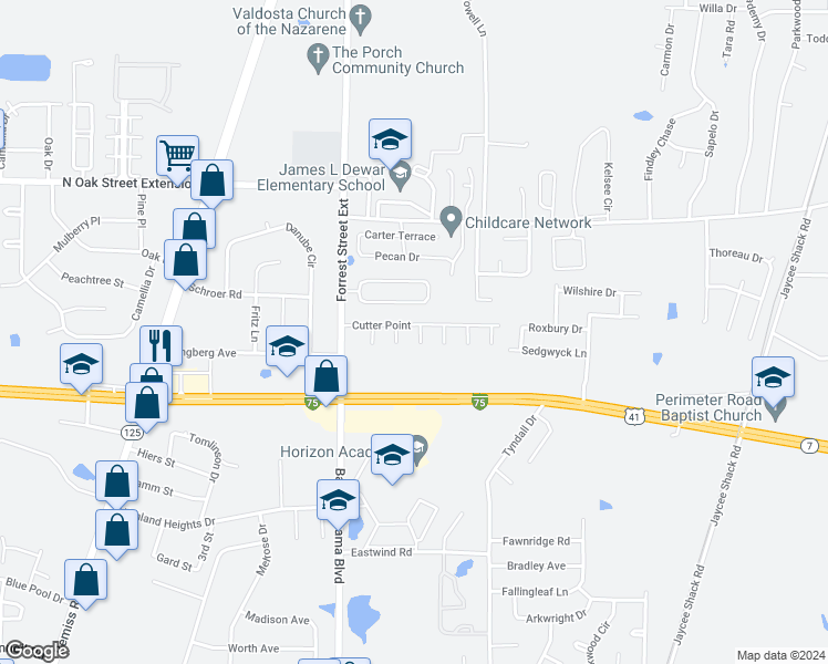 map of restaurants, bars, coffee shops, grocery stores, and more near 3936 Cutter Point in Valdosta