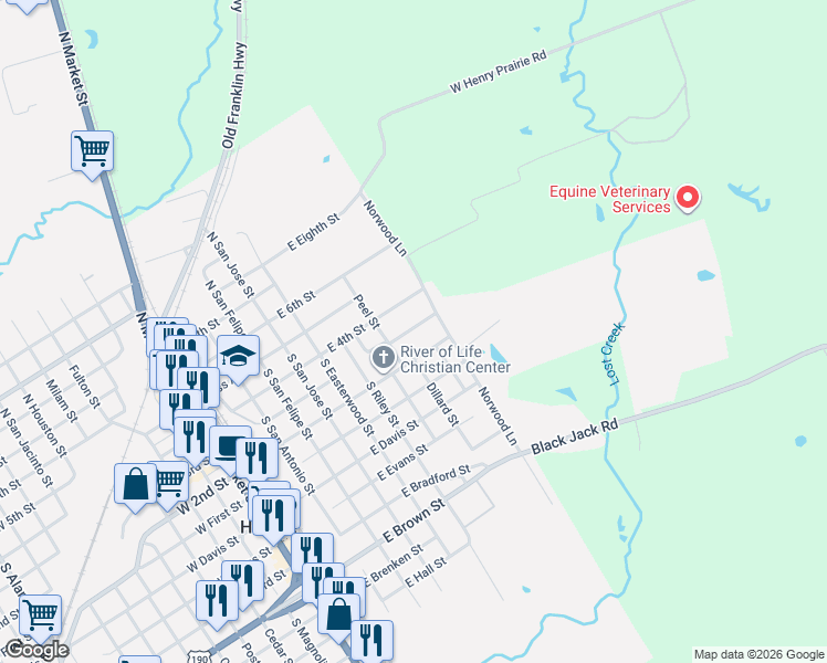 map of restaurants, bars, coffee shops, grocery stores, and more near 121 Crestway Street in Hearne