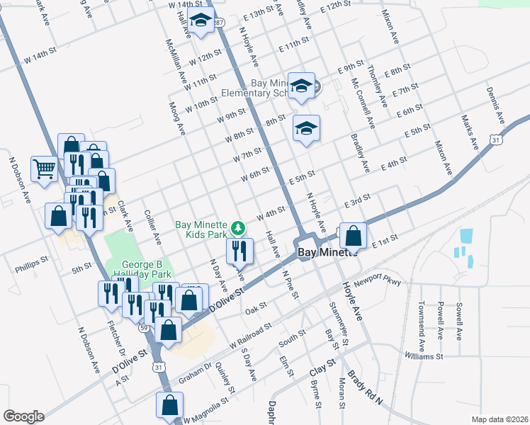 map of restaurants, bars, coffee shops, grocery stores, and more near 400-498 Hall Ave in Bay Minette