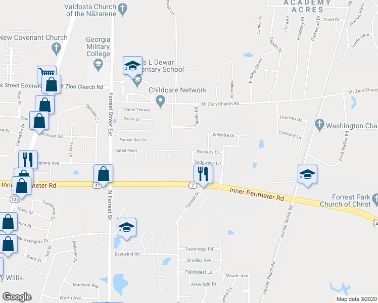 map of restaurants, bars, coffee shops, grocery stores, and more near 4238 Roxbury Drive in Valdosta