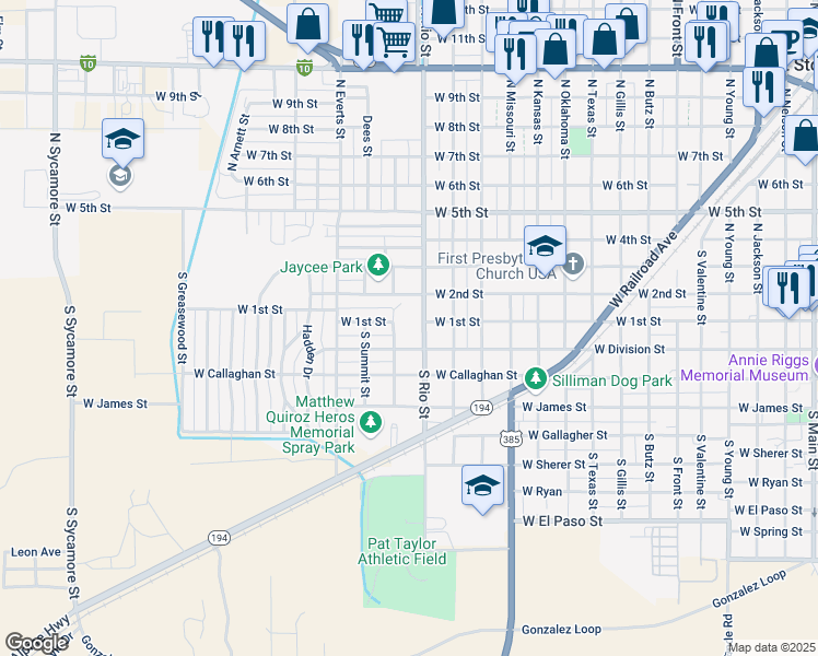 map of restaurants, bars, coffee shops, grocery stores, and more near 101-199 Rollins St in Fort Stockton