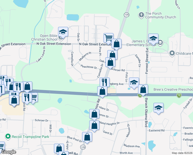 map of restaurants, bars, coffee shops, grocery stores, and more near 3876 Camellia Drive in Valdosta