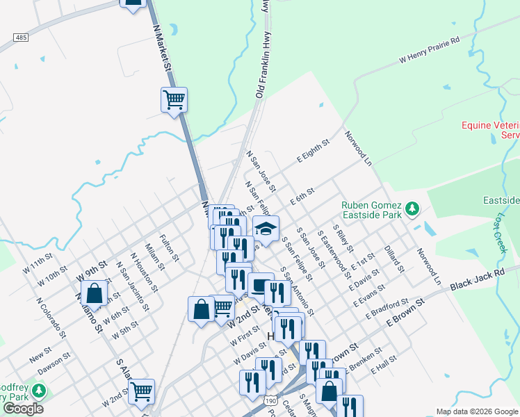 map of restaurants, bars, coffee shops, grocery stores, and more near 117 East 7th Street in Hearne