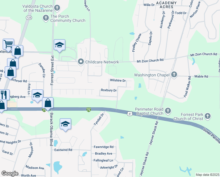 map of restaurants, bars, coffee shops, grocery stores, and more near 4217 Roxbury Drive in Valdosta