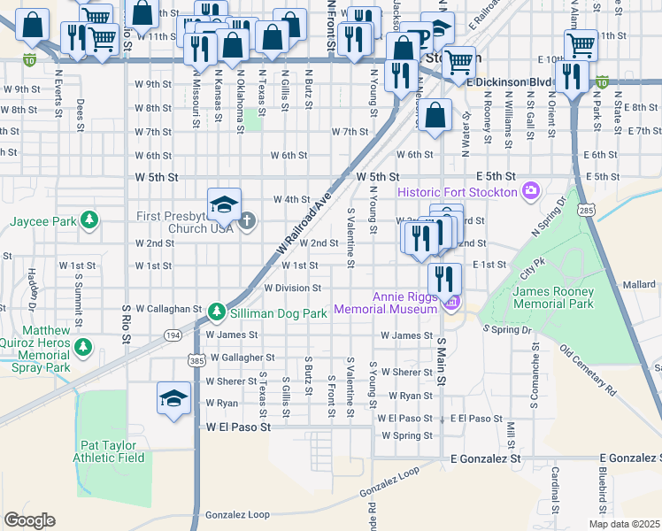 map of restaurants, bars, coffee shops, grocery stores, and more near 100 South Front Street in Fort Stockton