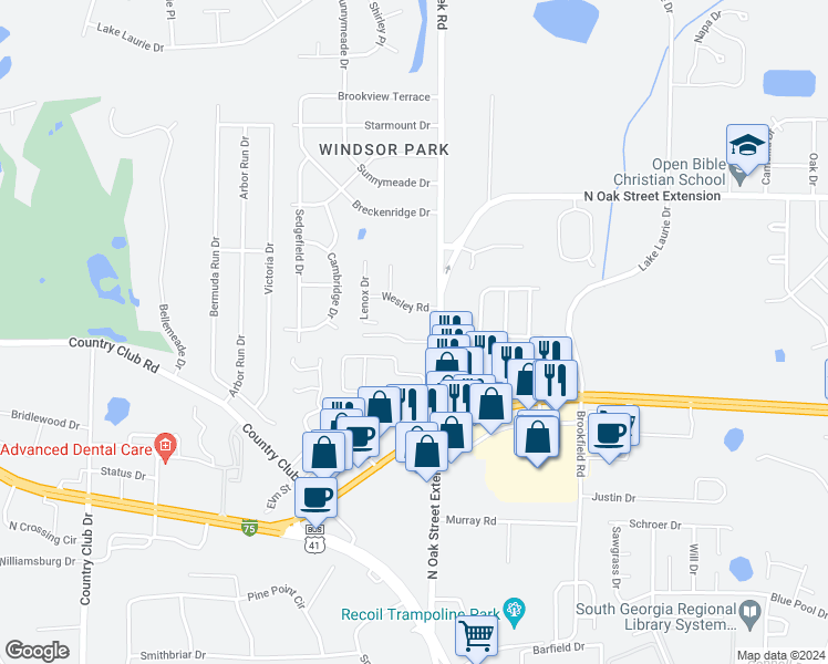 map of restaurants, bars, coffee shops, grocery stores, and more near 3210 Oak Garden Drive in Valdosta
