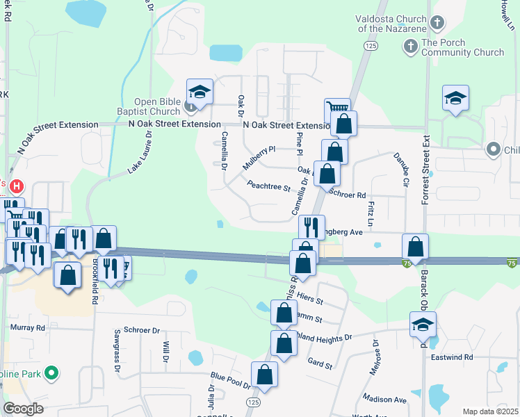 map of restaurants, bars, coffee shops, grocery stores, and more near 3802 Tiffany Place in Valdosta