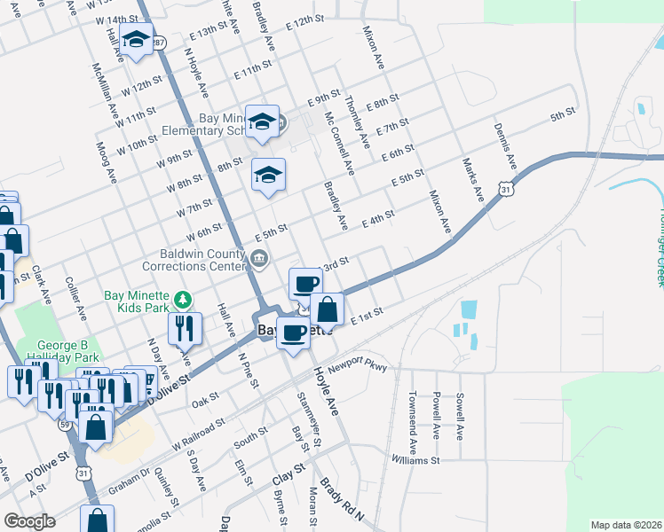 map of restaurants, bars, coffee shops, grocery stores, and more near 201-299 White Avenue in Bay Minette