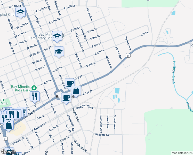 map of restaurants, bars, coffee shops, grocery stores, and more near 110 Mc Connell Avenue in Bay Minette