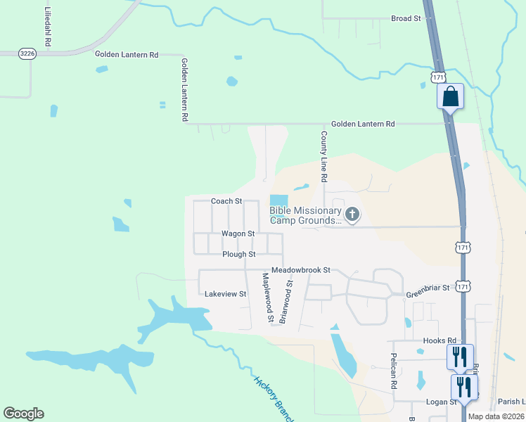 map of restaurants, bars, coffee shops, grocery stores, and more near 2212 Mustang Street in DeRidder