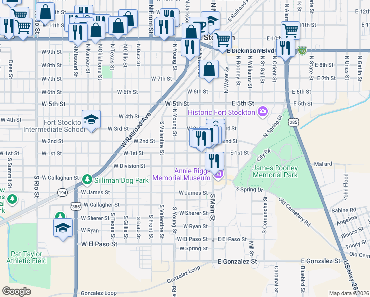 map of restaurants, bars, coffee shops, grocery stores, and more near 300-398 West 2nd Street in Fort Stockton