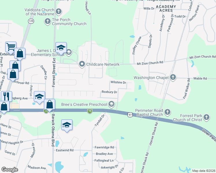 map of restaurants, bars, coffee shops, grocery stores, and more near 4318 Brandonshire Lane in Valdosta