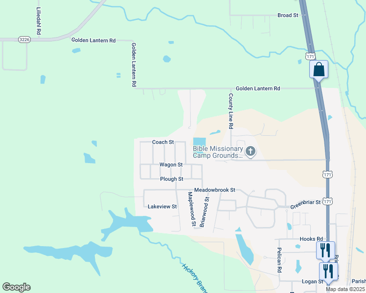 map of restaurants, bars, coffee shops, grocery stores, and more near 2218 Mustang Street in DeRidder