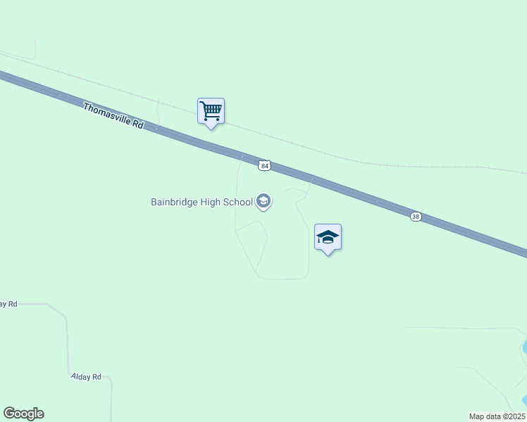 map of restaurants, bars, coffee shops, grocery stores, and more near 1 Bearcat Boulevard in Bainbridge
