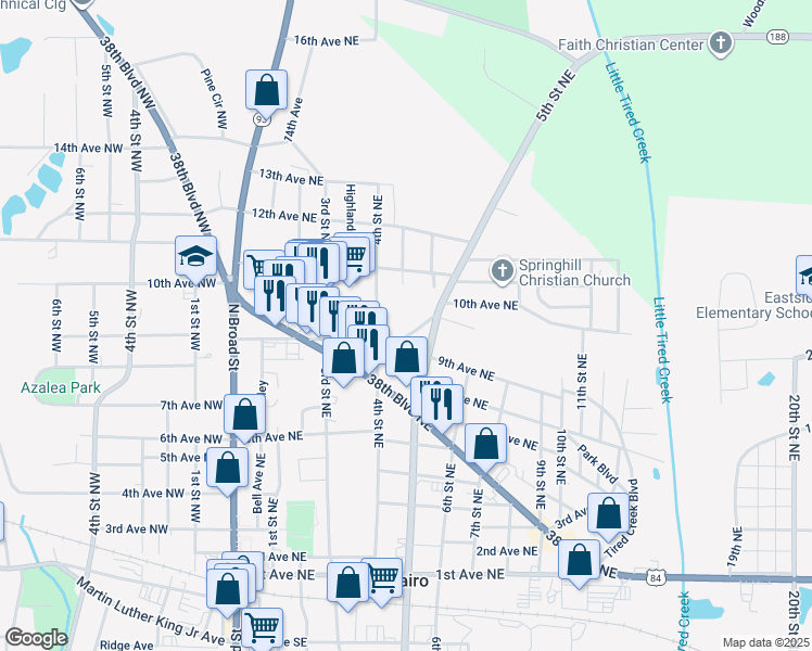 map of restaurants, bars, coffee shops, grocery stores, and more near 475 Old Cannon Ford Road Northeast in Cairo