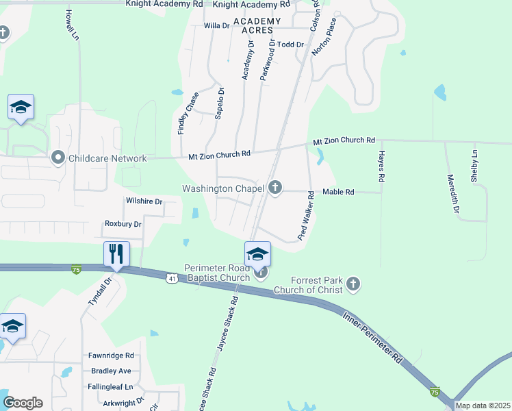 map of restaurants, bars, coffee shops, grocery stores, and more near 3835 Thoreau Drive in Valdosta