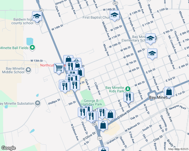 map of restaurants, bars, coffee shops, grocery stores, and more near 610 West 7th Street in Bay Minette